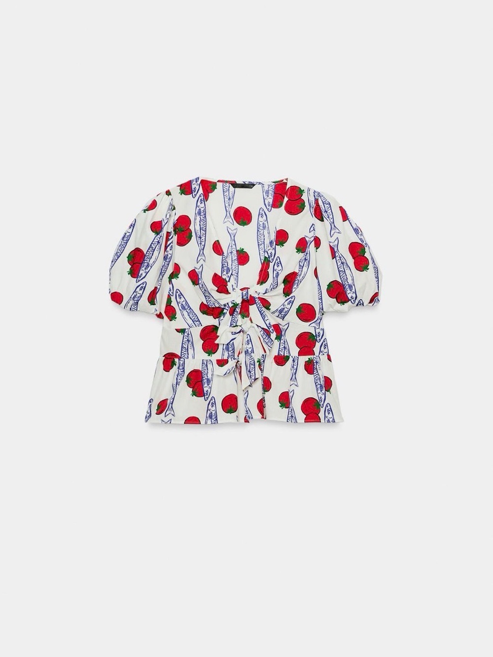 ZARA White Tomato-Print Tie-Front Puff Sleeve Top - Picture 6 of 10